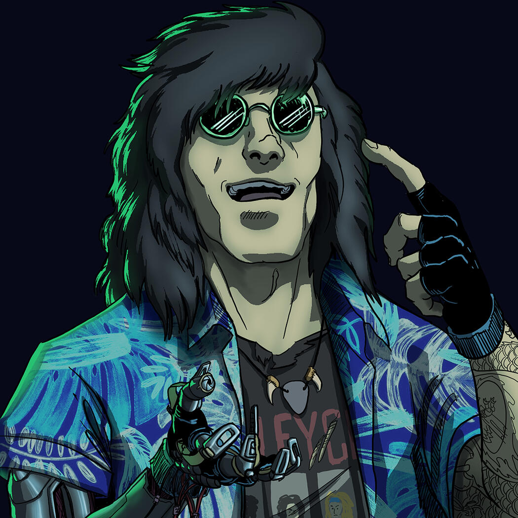 A cyberpunk character portrait for the Glass Cannon Podcast