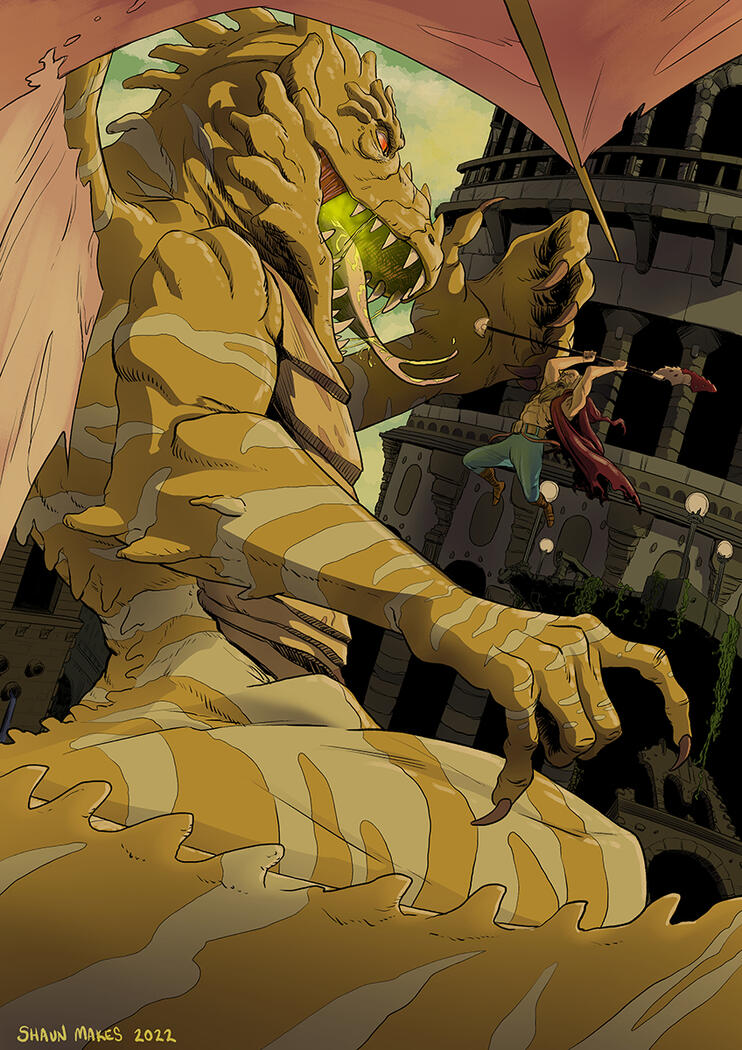 A gold dragon and axe-wielding warrior face off in front of crumbling ruins