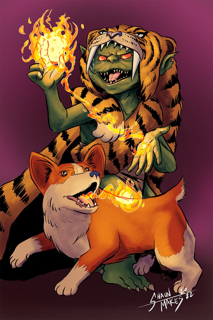 A commission of a goblin sorcerer and his familiar, a fire breathing corgi.