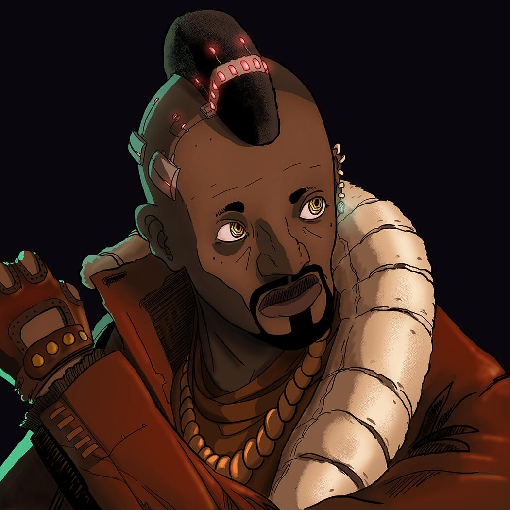 A cyberpunk character portrait for the Glass Cannon Podcast